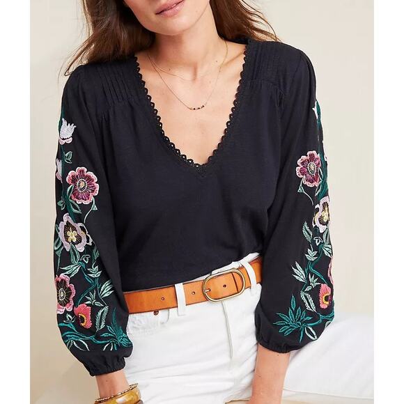 Anthropologie Tops - Anthropologie black long sleeve floral embroidered top size XS